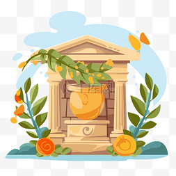 希腊剪贴画 希腊喷泉与花朵和叶