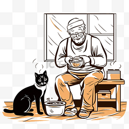卡通老年图片_手绘老人喂猫插画涂鸦风格
