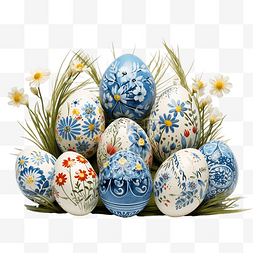 复活节作文图案鸡蛋画在草丛中，