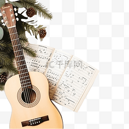 音乐节元素图片_与吉他和冷杉树枝的圣诞音乐作品