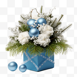 礼盒蓝图片_圣诞组合物，轭上有针叶树，蓝盒