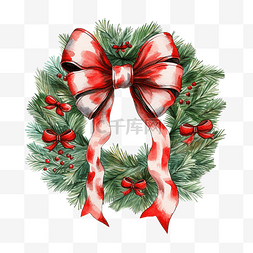 手绘圣诞花环树与红色蝴蝶结