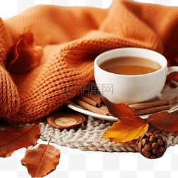 金色秋天落图片_秋天感恩节的概念一杯茶落下的秋
