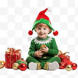 穿着精灵服装的小男孩坐在圣诞树