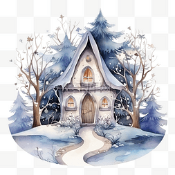 童话里的树图片_水彩冬天风景童话房子在森林里有