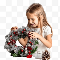女孩自己在家里的桌子上装饰圣诞