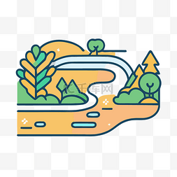简单的河流图片_代表公园里河流和花园的线性插图