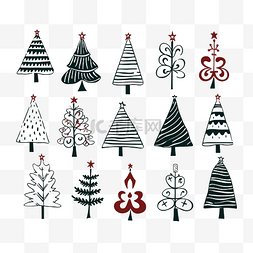 圣诞树剪贴画设置与玩具手绘矢量