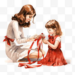 小女孩帮妈妈剪包装圣诞礼物的红
