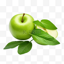 带有绿叶和切片的苹果的图像