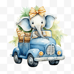 水彩卡通大象插画图片_水彩圣诞可爱野生动物骑蓝色车