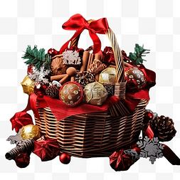喜子图片_充满圣诞属性的篮子和深色表面上