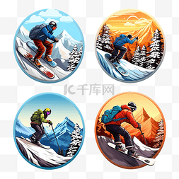 运动滑雪板冬季冒险滑雪山徽章