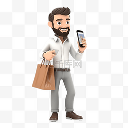 卡通手拿电话图片_男人 3d 人物拿着带手机的购物袋