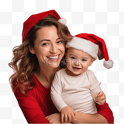 红帽人图片_戴着圣诞老人红帽的妈妈和宝宝微