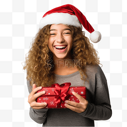 打开着的礼物盒图片_一个十几岁的女孩戴着圣诞帽站在