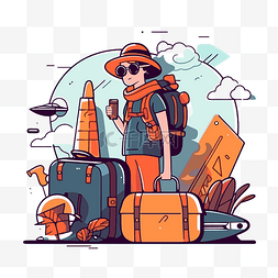旅行剪贴画 卡通旅客带着行李和