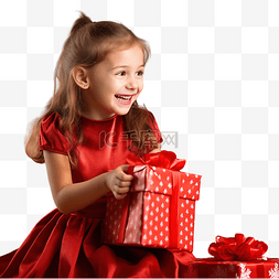 穿着红裙子的快乐女孩在圣诞树附