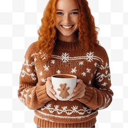 爱喝咖啡的女孩图片_一个穿着羊毛毛衣的小女孩拿着姜