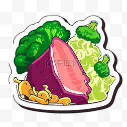 卡通食品贴纸图片_食品贴纸与新鲜的肉和西兰花剪贴