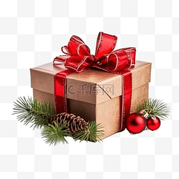 有杉树枝和圣诞装饰品的礼品盒