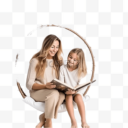 妈妈和女儿坐在圣诞树附近的圆形