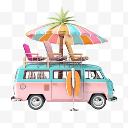 汽车渲染背景图片_3d 汽车货车与沙滩椅火烈鸟球椰子