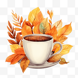 咖啡杯子手绘图片_水彩秋叶在杯子里