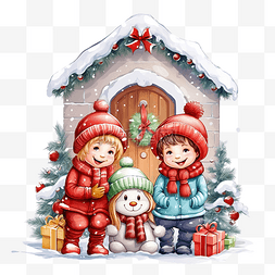 下雪开心的孩子图片_快乐的小孩子坐在圣诞装饰房子的