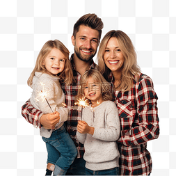 手里抱着孩子图片_身穿格子衬衫的年轻家庭站在圣诞