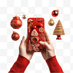 女手拿着靠近圣诞物品的红色手机
