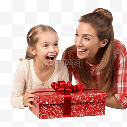 快乐的母女看着圣诞礼品盒里面