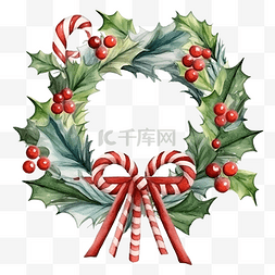 小花环装饰图片_圣诞冬青花环与拐杖糖水彩插图