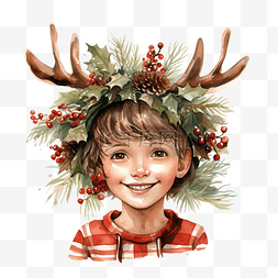 平安夜餐券图片_快乐的男孩穿着圣诞树附近鹿角的