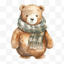 戴着围巾的熊的水彩插图