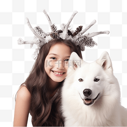 狗像图片_快乐的鹿角女孩和圣诞装饰品中的