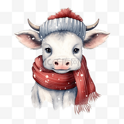 手绘可爱的牛，戴着围巾过冬和圣