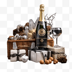圣诞礼物篮，配有香槟和黑色礼物