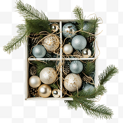 圣诞球树枝图片_盒子里的冷杉树枝和圣诞球