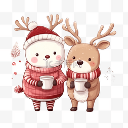 卡通可爱圣诞圣诞老人和驯鹿喝咖