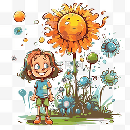 强调花和太阳旁边小女孩的剪贴画