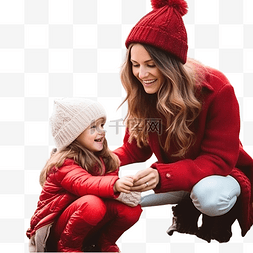 红色家庭图片_快乐的妈妈和小女孩穿着红色针织