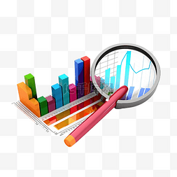 金融数据插图图片_3d 插图彩色数据图上升和放大镜