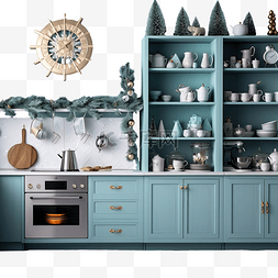 蓝色室内家居图片_薄荷蓝色厨房内饰和圣诞装饰在家