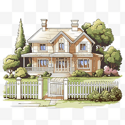 房子和栅栏图片_乡间别墅和一个有栅栏树木和灌木