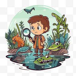 池塘里的图片_好奇的剪贴画人物角色男孩站着用