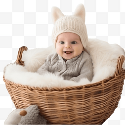 睡觉微笑的孩子图片_漂亮的新生男婴躺在客厅的篮子里