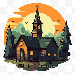 一座森林图片_森林附近一座教堂的卡通风格插图