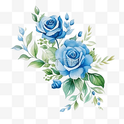 蓝色水彩花卉素材图片_水彩花卉边框排列与蓝玫瑰和绿叶
