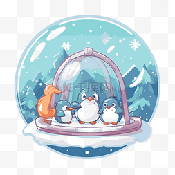 豚鼠企鹅在被雪包围的透明气球中